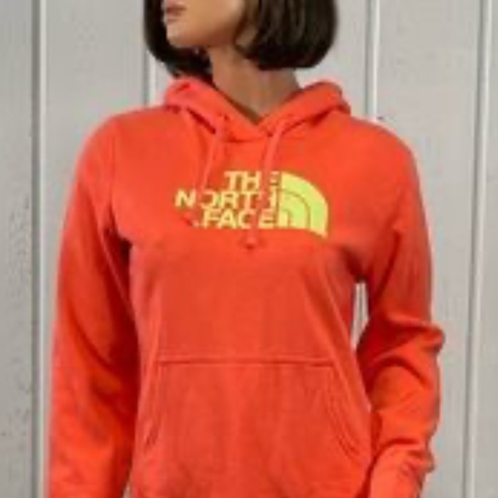 The North Face Woman XL Neon Orange Hoodie Yellow Logo Pullover Great Condition